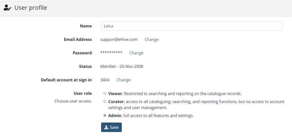 User Profile as Admin for support@ehive.com