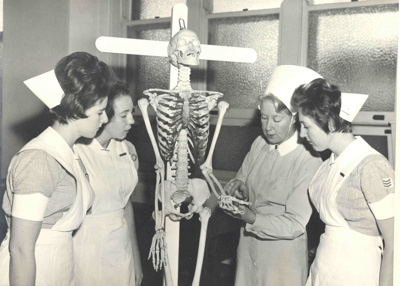 Nurses studying a skeleton