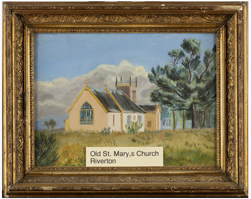 Digital image of a framed painting. Painting features and old church set in a landscape with trees.