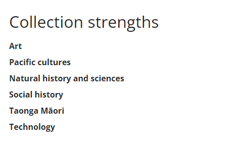 Menu layout of Collection Strengths for Museum of New Zealand Te Papa Tongarewa